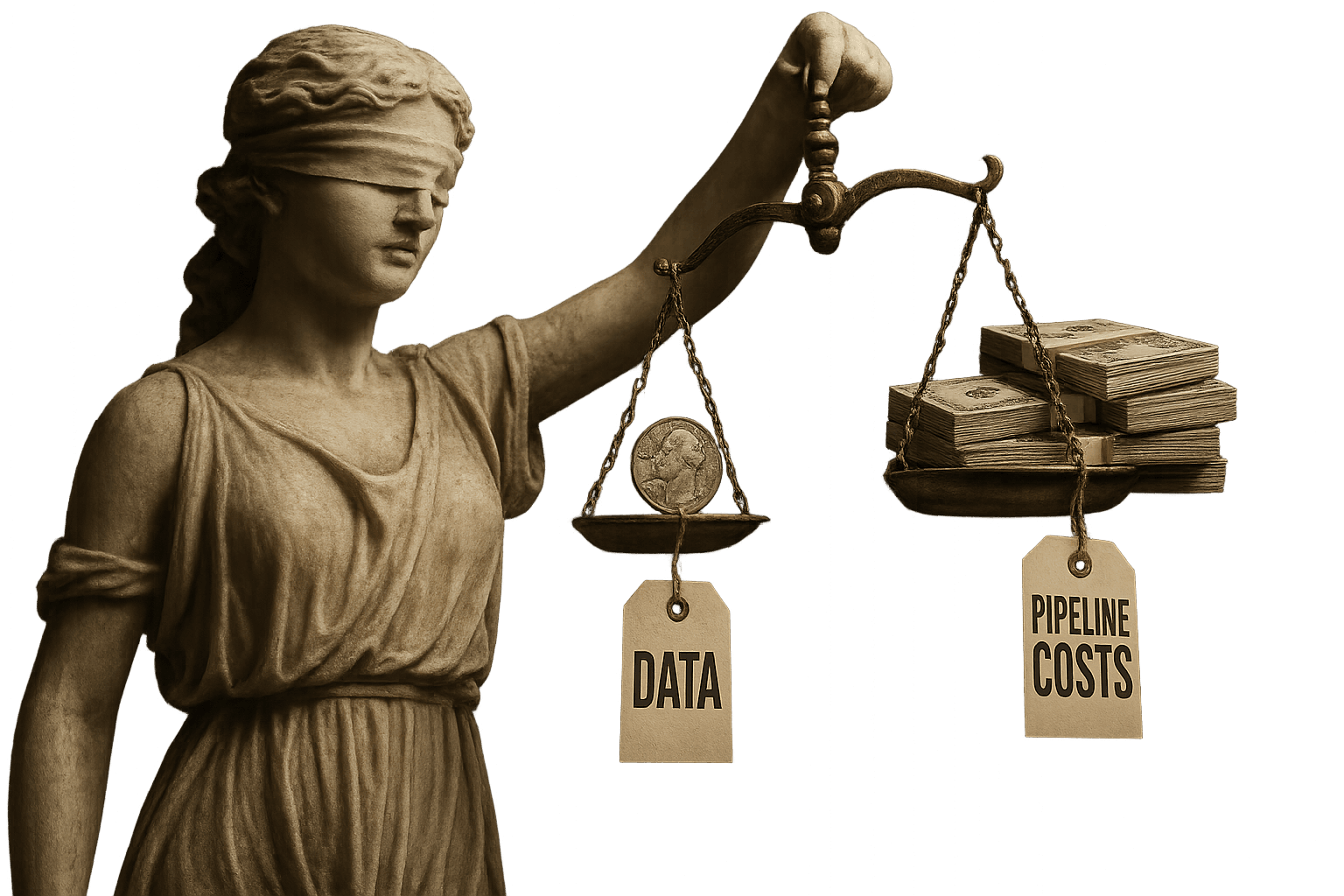 Justice scales showing the imbalance between data value and pipeline costs