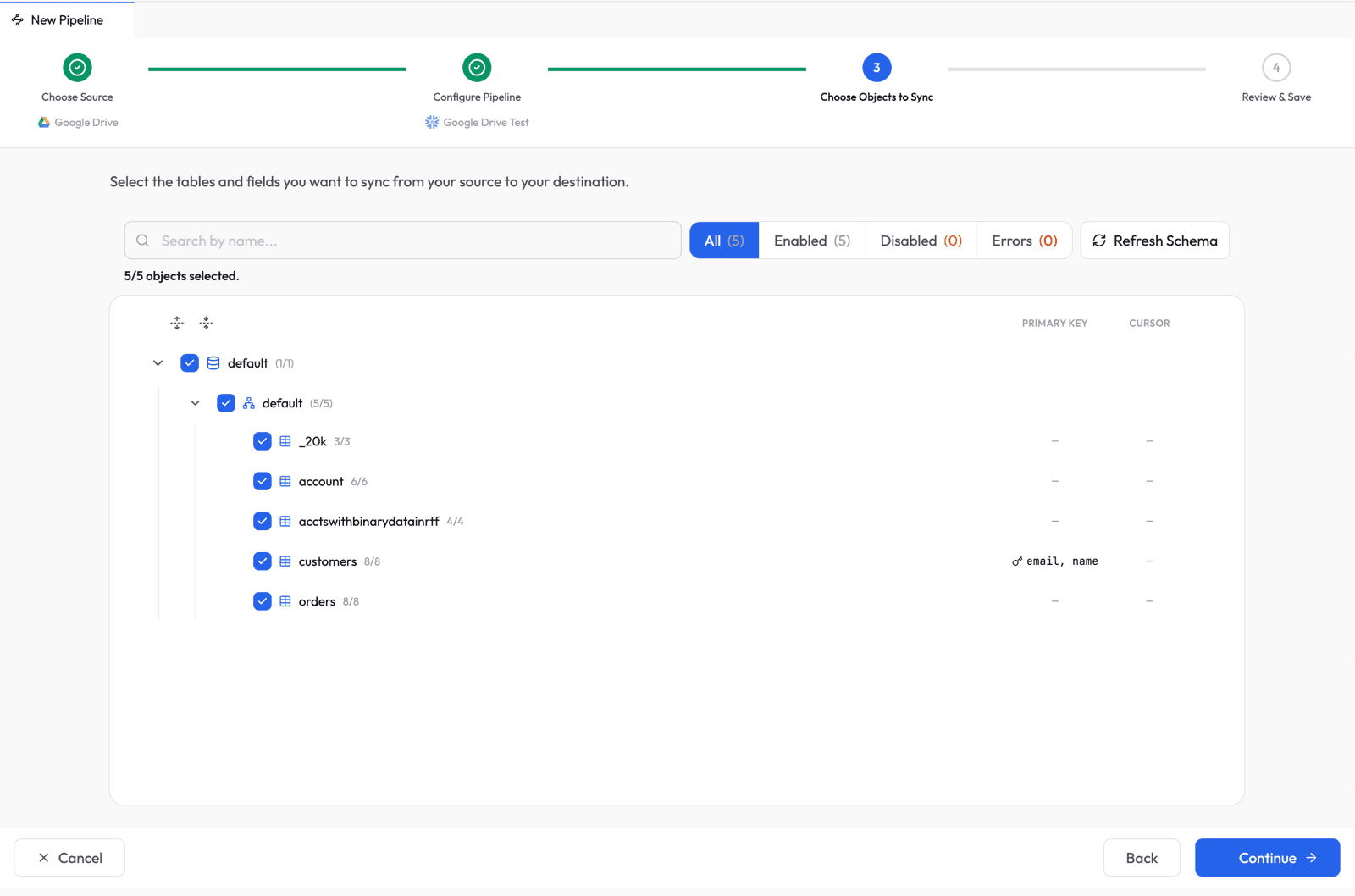 Choose objects to sync