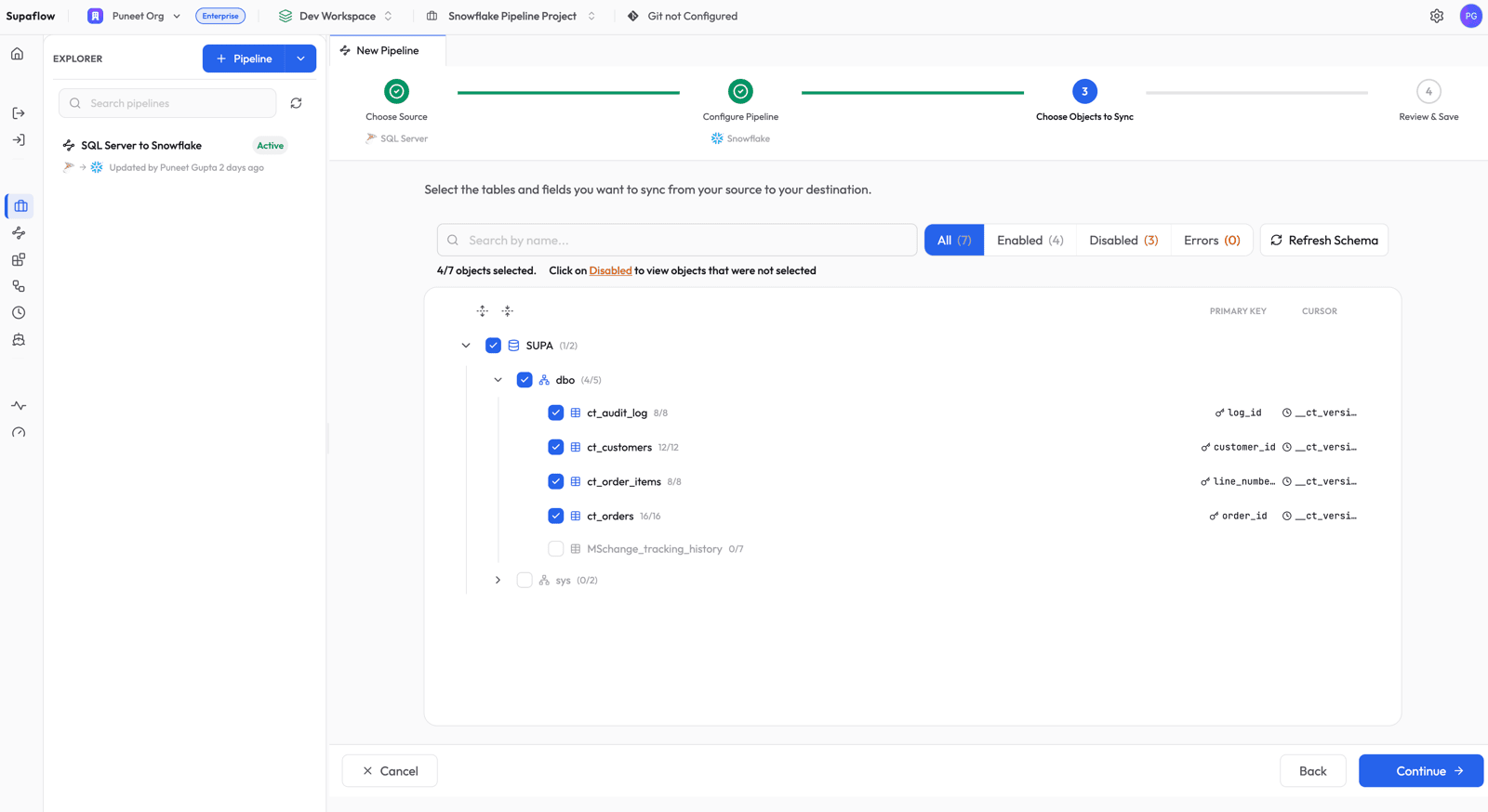 Choose objects to sync