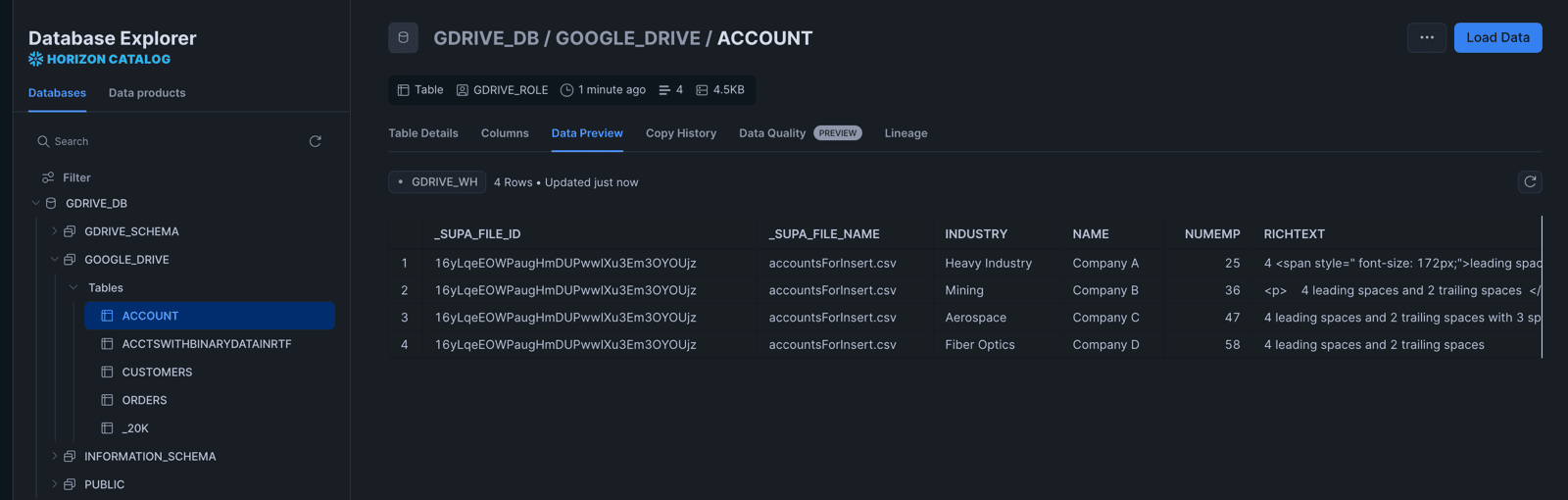 Snowflake data preview