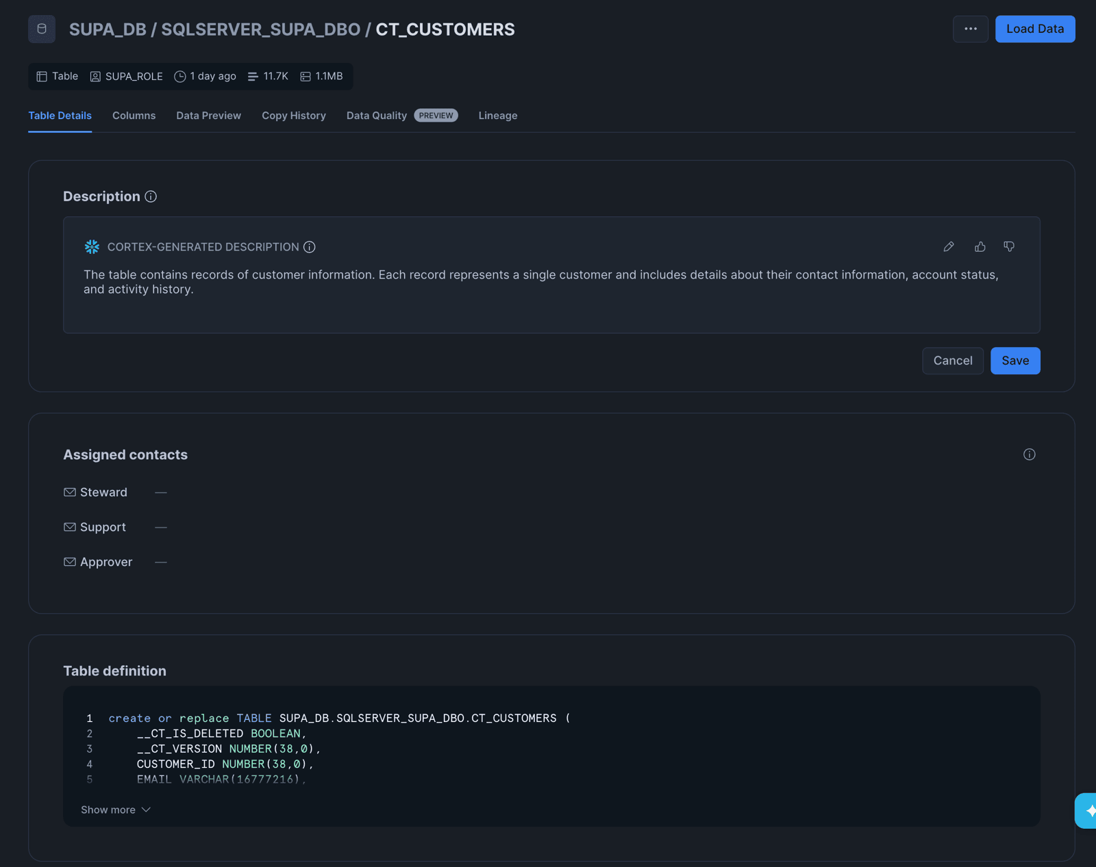 Snowflake table detail
